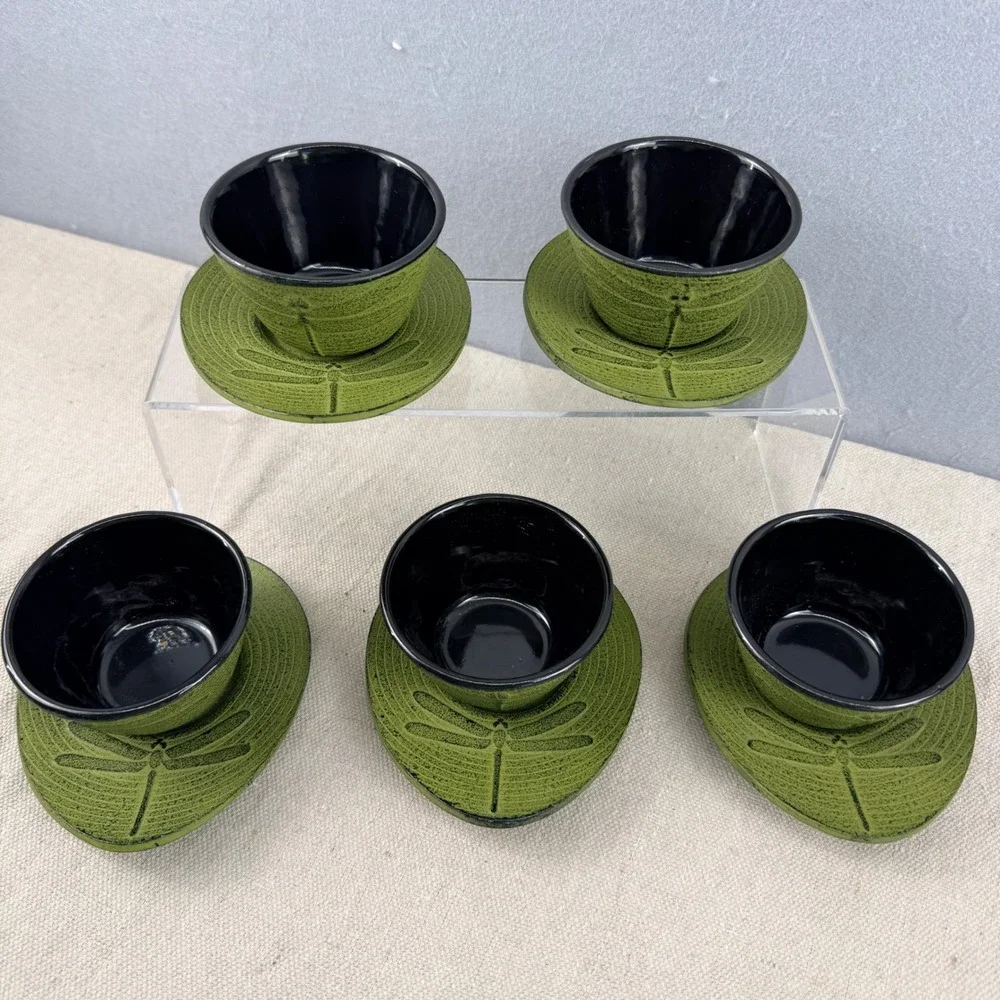 Set of 5 Japanese Cast Iron Dragonfly Tea Cups and Saucers Green Enamel Lining